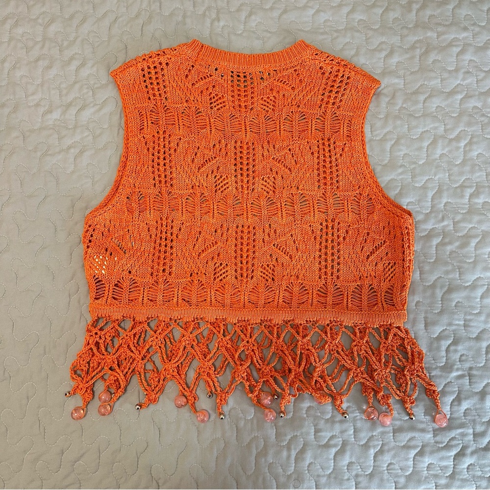 Zara Orange Crochet Beaded Detail Cropped Women’s Tank Top - Picture 4 of 7